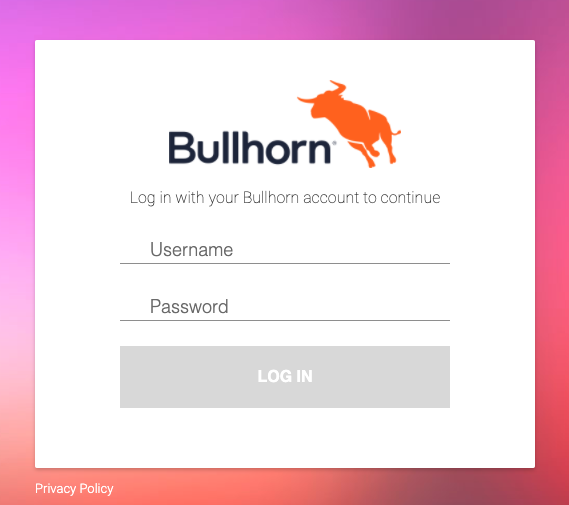 Screenshot of the Bullhorn login presented to users during an initial Bullhorn API login.