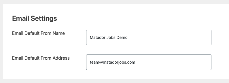 Screenshot of the Email Settings settings group on the Matador Settings.