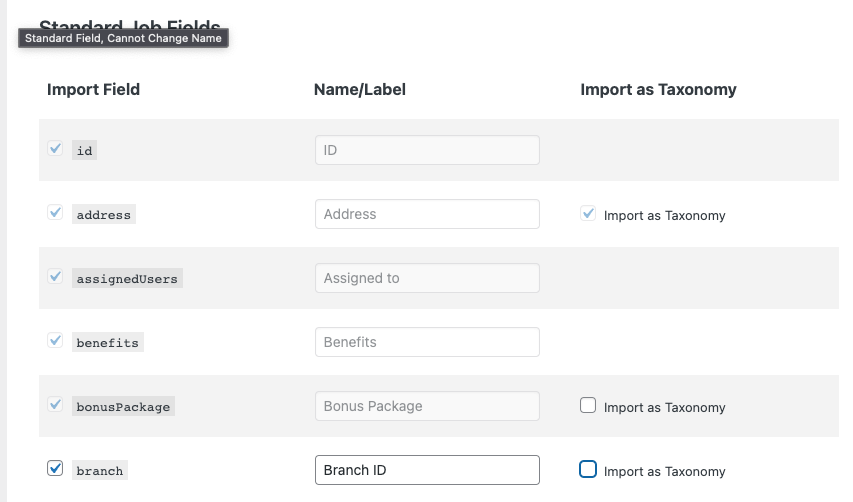 Screenshot of settings screen tab for Job Object Customizer after a Load Job Fields button press completes.