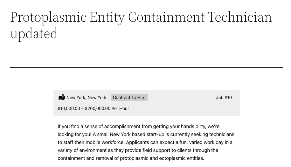 Example of the Job Info Header, under the title of a job and above its description, with the salary range.