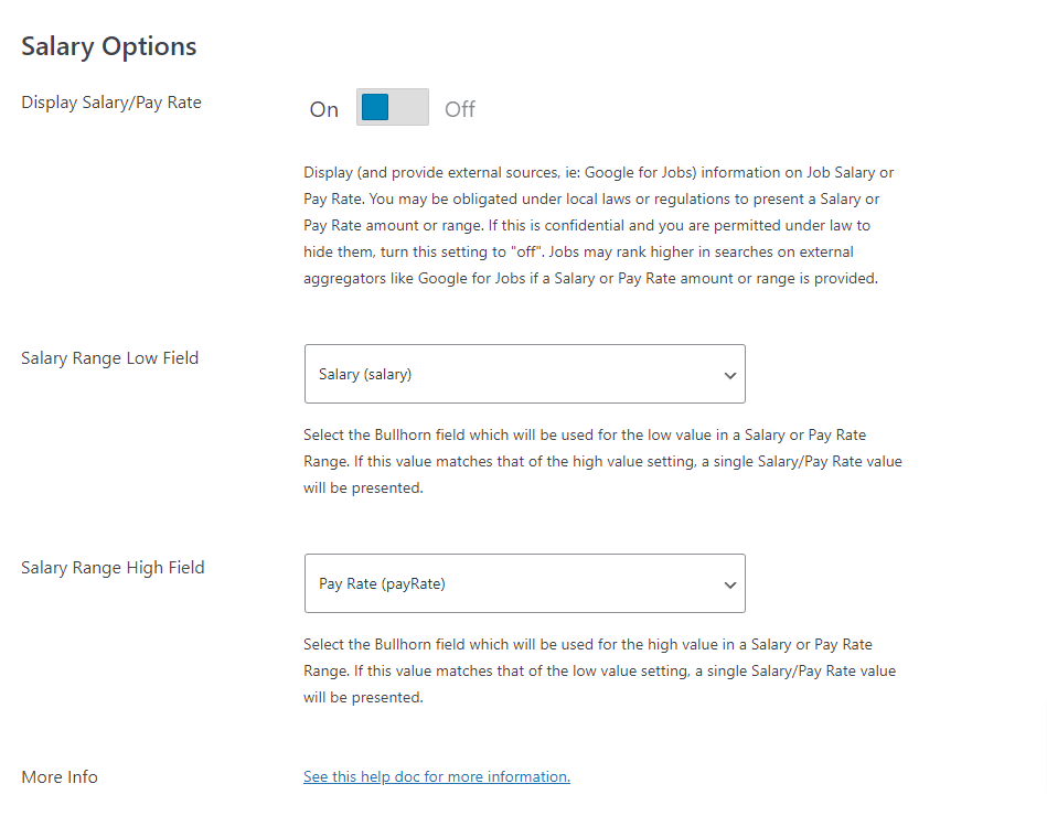 The Salary Options from the Matador Jobs setting page