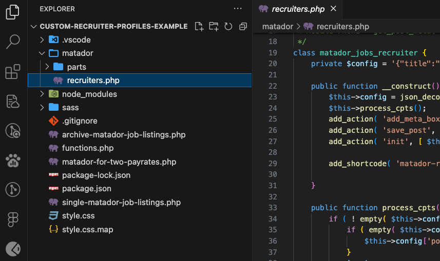 code editor screenshot showing the typical location of the recruiters.php file in a theme's file structure